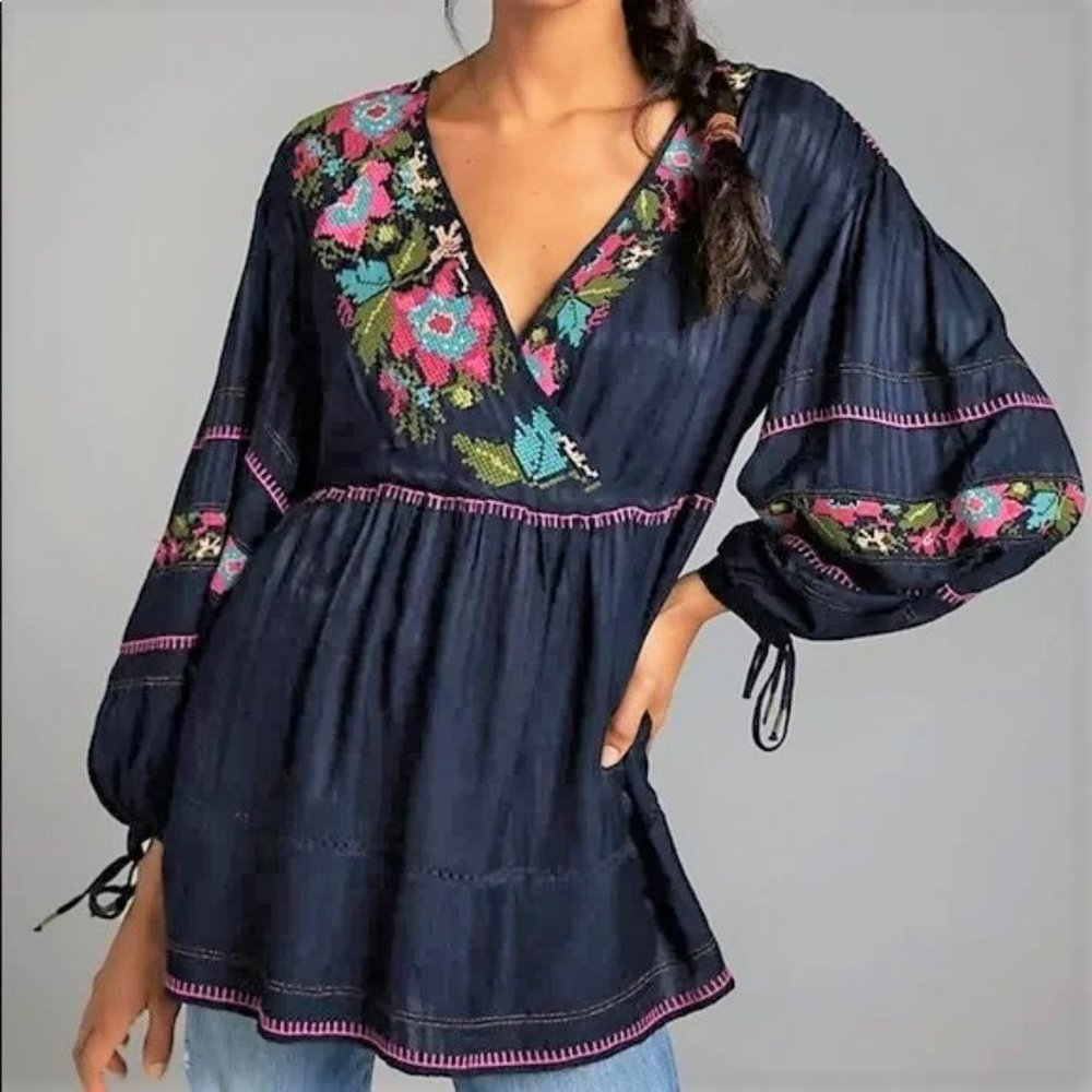 Embroidered Surplice Tunic Blouse by Anthropologie